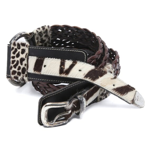 Vintage 90s La Doppia Vita Leather Pony Hair Belt Animal Print Braided Brown Whi - Picture 5 of 14
